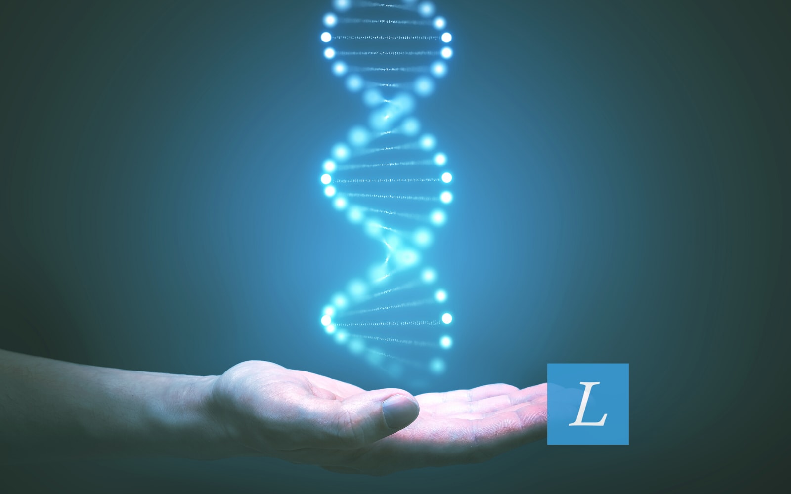 Main image of blog post over language gene FOXP2, showing the image of a gene and a hand.